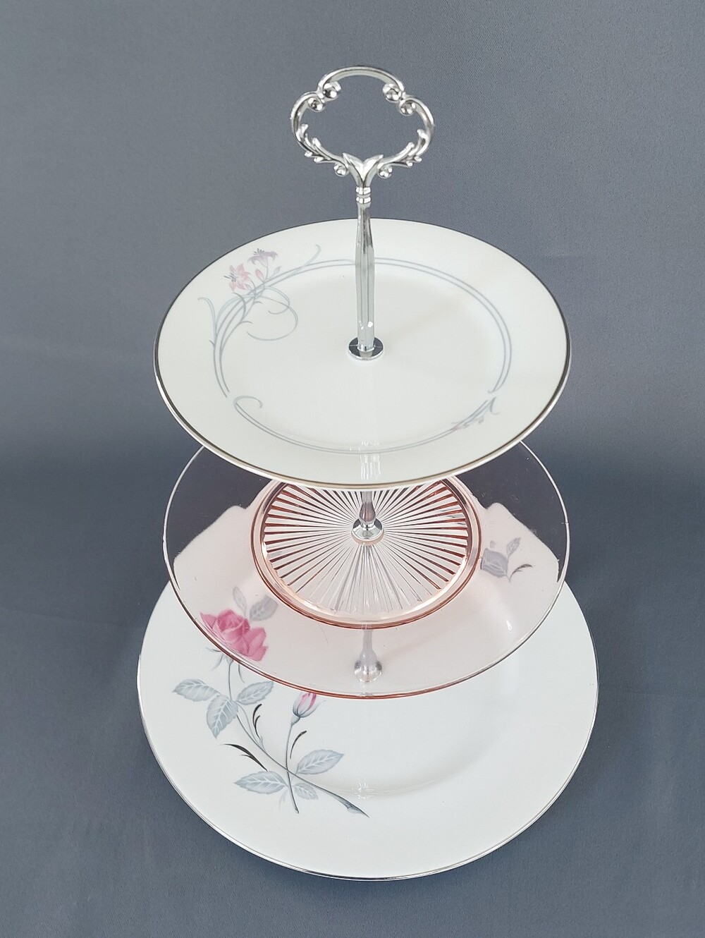 Mismatched 3 Tier Serving Stand Bone China Pink Glass Dessert Tower